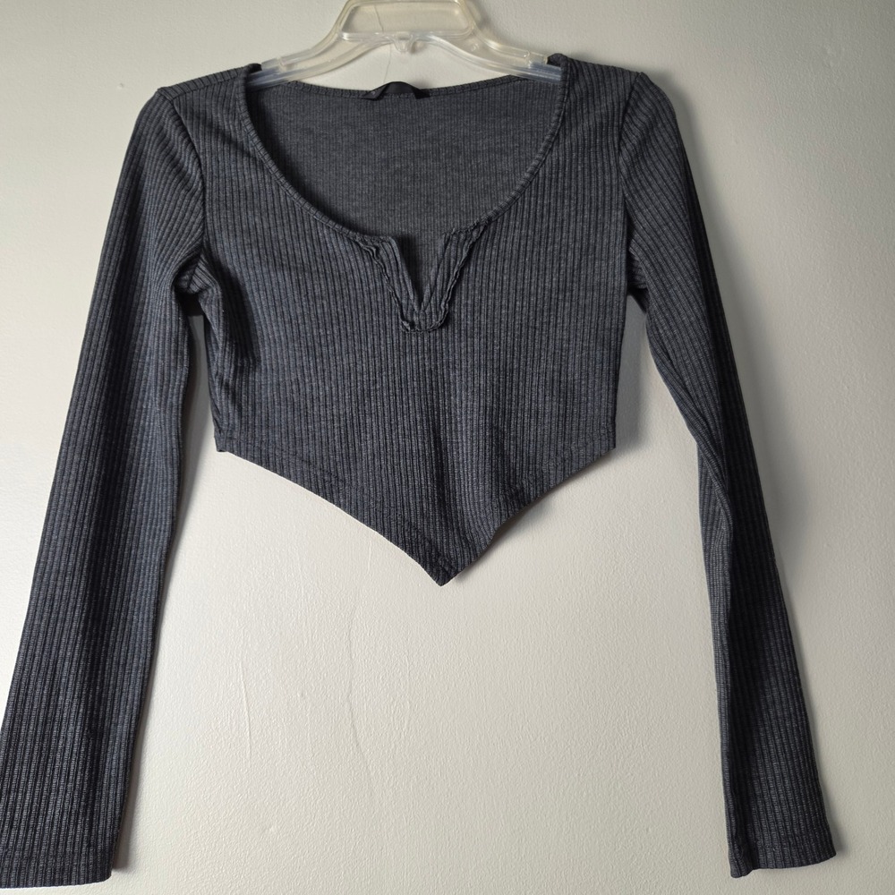 Dark Gray Ribbed Long Sleeve Notch Neck Handkerchief Hem Crop Top SM